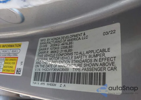 2022 Honda Accord Sport from USA, damaged, VIN 1HGCV1F36NA036459